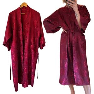 Vintage Authentic Silk Burgundy Maroon Wine Red Kimono Robe Duster Jacket